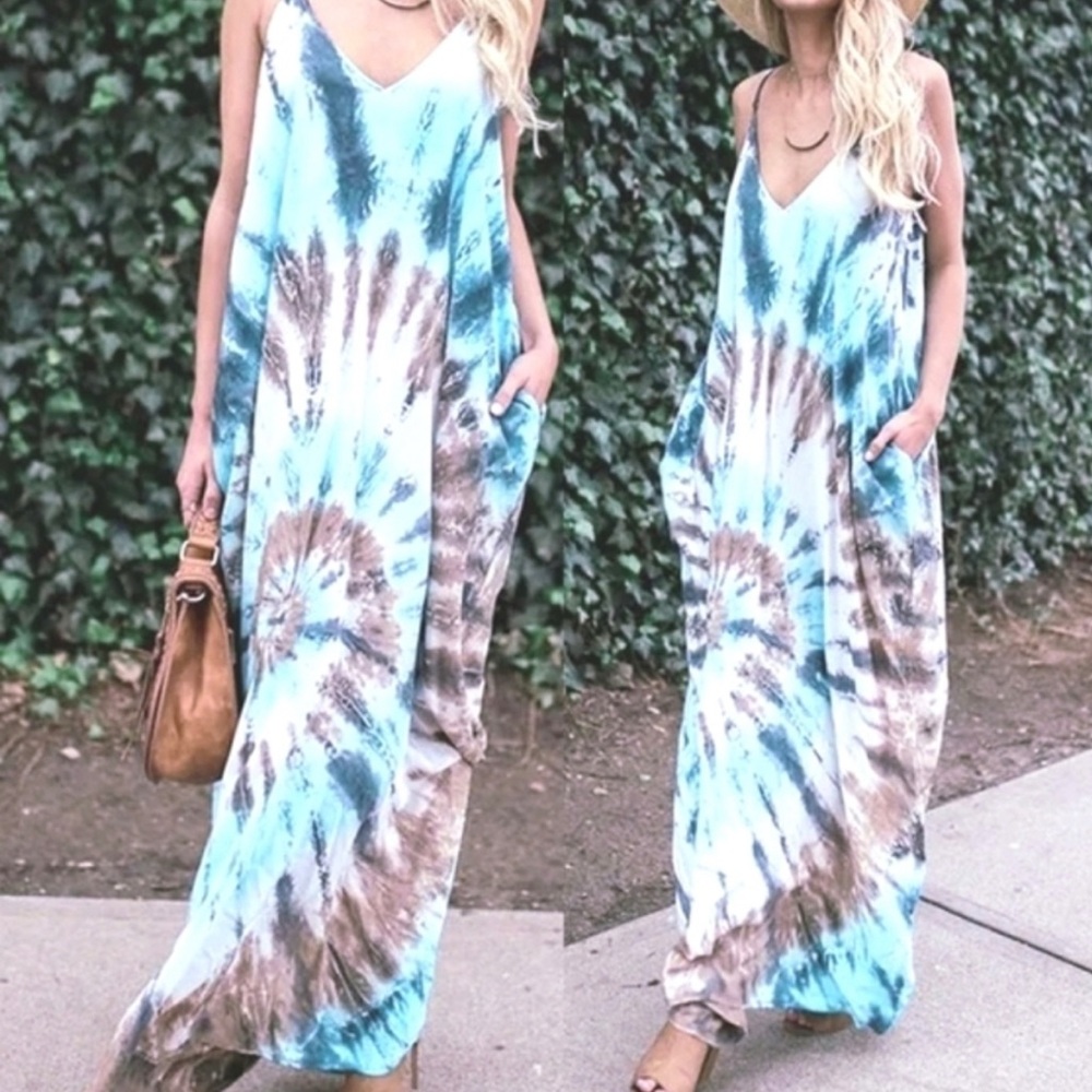 Lovestitch Tie Dye Blue/Yellow/Peach/White Maxi Dress w/pockets Size S/M